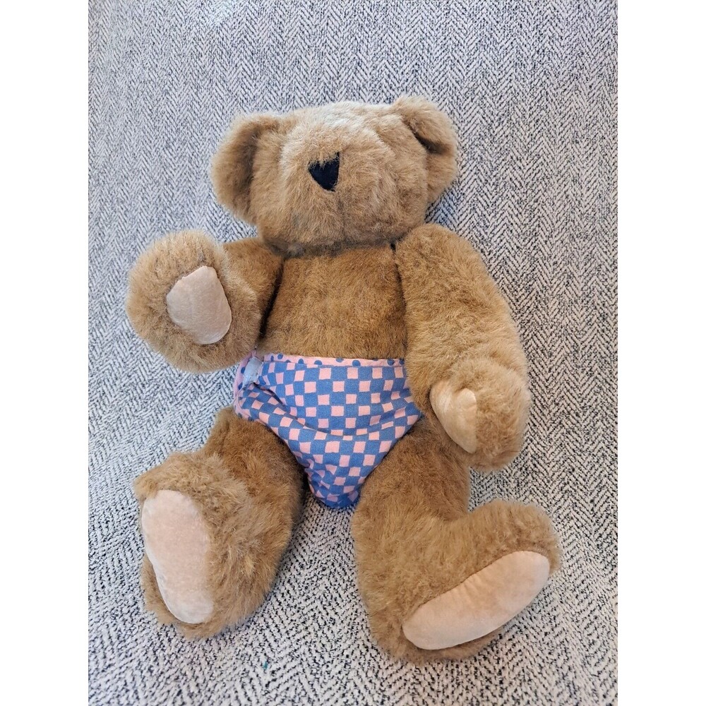 Vintage The Vermont Teddy Bear Co  Jointed  16" Brown Bear, With Diaper and Bib.